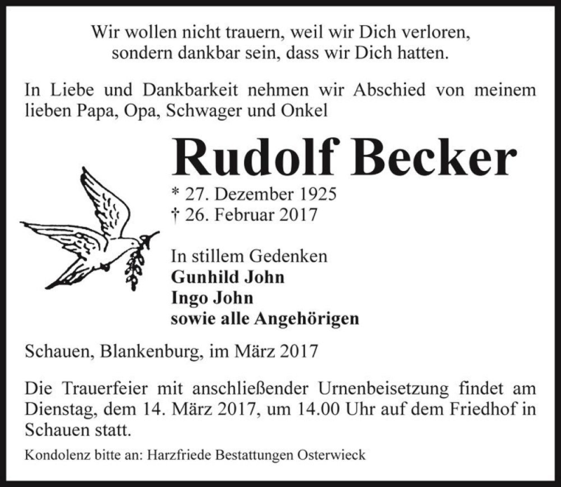  Traueranzeige für Rudolf Becker  vom 04.03.2017 aus Magdeburger Volksstimme