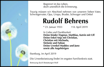 Traueranzeige von Rudolf Behrens  von Magdeburger Volksstimme