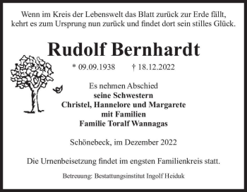 Traueranzeige von Rudolf Bernhardt  von Magdeburger Volksstimme