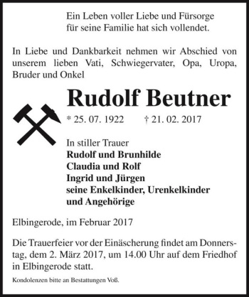 Traueranzeige von Rudolf Beutner  von Magdeburger Volksstimme