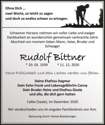 Traueranzeige von Rudolf Bittner  von Magdeburger Volksstimme
