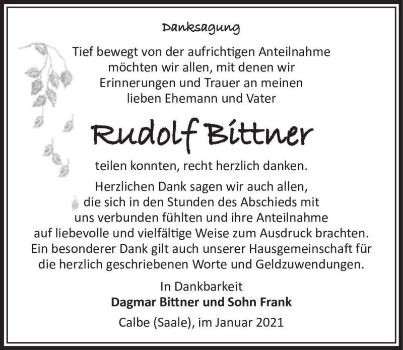  Traueranzeige für Rudolf Bittner  vom 09.01.2021 aus Magdeburger Volksstimme
