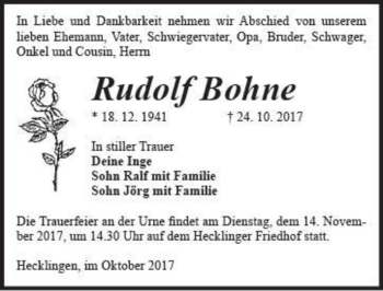 Traueranzeige von Rudolf Bohne  von Magdeburger Volksstimme
