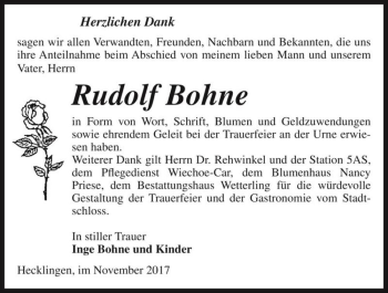 Traueranzeige von Rudolf Bohne  von Magdeburger Volksstimme