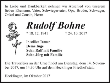 Traueranzeige von Rudolf Bohne  von Magdeburger Volksstimme