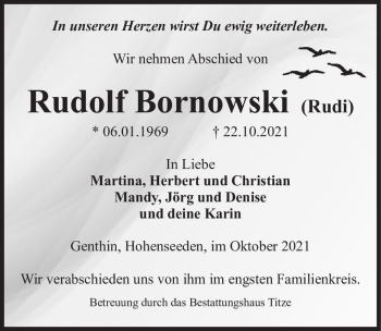Traueranzeige von Rudolf Bornowski (Rude)  von Magdeburger Volksstimme