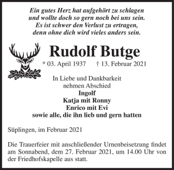 Traueranzeige von Rudolf Butge  von Magdeburger Volksstimme