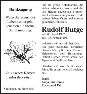 Traueranzeige von Rudolf Butge  von Magdeburger Volksstimme