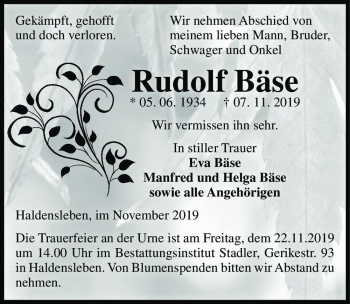 Traueranzeige von Rudolf Bäse  von Magdeburger Volksstimme
