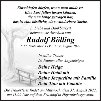 Traueranzeige von Rudolf Bölling  von Magdeburger Volksstimme