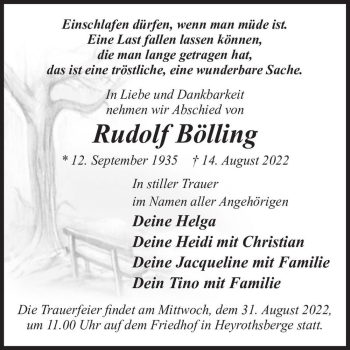 Traueranzeige von Rudolf Bölling  von Magdeburger Volksstimme