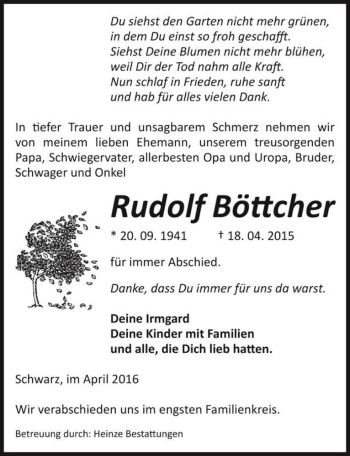 Traueranzeige von Rudolf Böttcher  von Magdeburger Volksstimme