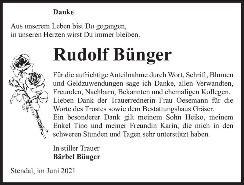  Traueranzeige für Rudolf Bünger  vom 09.06.2021 aus Magdeburger Volksstimme