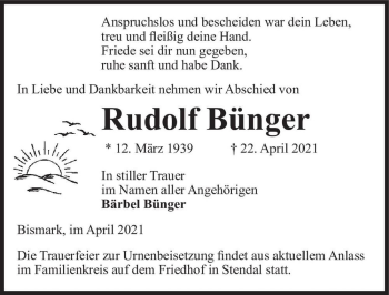 Traueranzeige von Rudolf Bünger  von Magdeburger Volksstimme