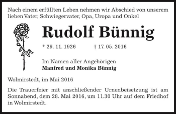 Traueranzeige von Rudolf Bünnig  von Magdeburger Volksstimme