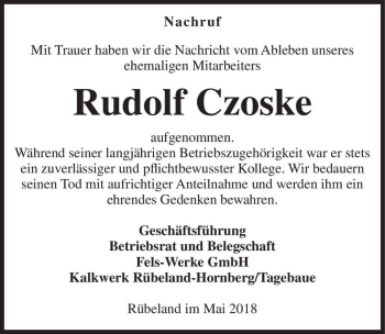Traueranzeige von Rudolf Czoske  von Magdeburger Volksstimme