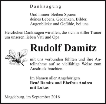 Traueranzeige von Rudolf Damitz  von Magdeburger Volksstimme
