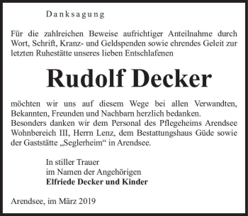 Traueranzeige von Rudolf Decker  von Magdeburger Volksstimme