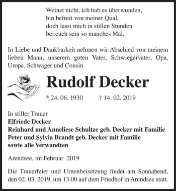Traueranzeige von Rudolf Decker  von Magdeburger Volksstimme