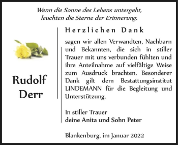 Traueranzeige von Rudolf Derr  von Magdeburger Volksstimme