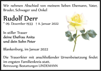 Traueranzeige von Rudolf Derr  von Magdeburger Volksstimme