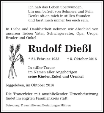 Traueranzeige von Rudolf Dießl  von Magdeburger Volksstimme