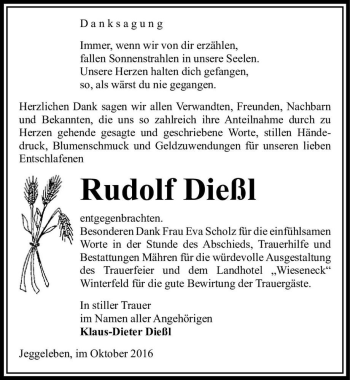 Traueranzeige von Rudolf Dießl  von Magdeburger Volksstimme