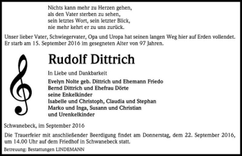 Traueranzeige von Rudolf Dittrich  von Magdeburger Volksstimme
