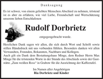 Traueranzeige von Rudolf Dorbrietz  von Magdeburger Volksstimme