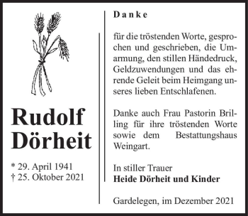 Traueranzeige von Rudolf Dörheit  von Magdeburger Volksstimme