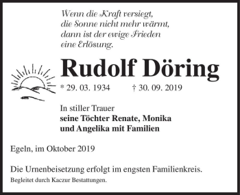 Traueranzeige von Rudolf Döring  von Magdeburger Volksstimme