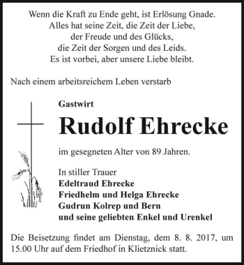 Traueranzeige von Rudolf Ehrecke  von Magdeburger Volksstimme