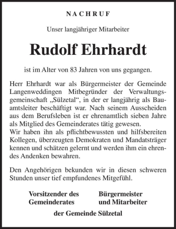 Traueranzeige von Rudolf Ehrhardt  von Magdeburger Volksstimme