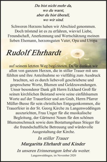 Traueranzeige von Rudolf Ehrhardt  von Magdeburger Volksstimme