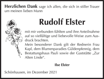 Traueranzeige von Rudolf Elster  von Magdeburger Volksstimme