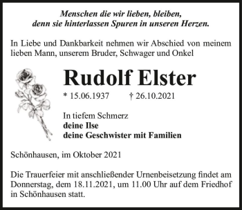 Traueranzeige von Rudolf Elster  von Magdeburger Volksstimme
