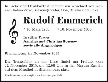Traueranzeige von Rudolf Emmerich  von Magdeburger Volksstimme
