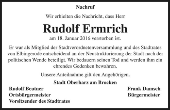 Traueranzeige von Rudolf Ermrich  von Magdeburger Volksstimme
