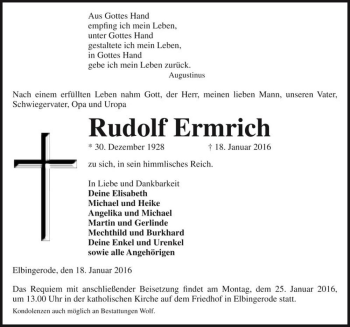 Traueranzeige von Rudolf Ermrich  von Magdeburger Volksstimme