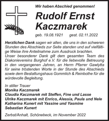 Traueranzeige von Rudolf Ernst Kaczmarek  von Magdeburger Volksstimme