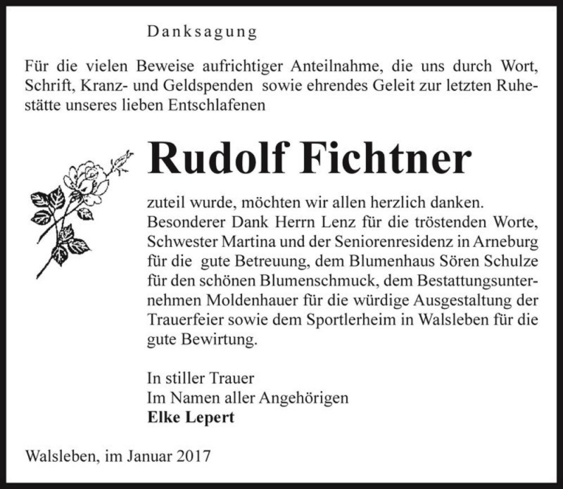  Traueranzeige für Rudolf Fichtner  vom 11.02.2017 aus Magdeburger Volksstimme