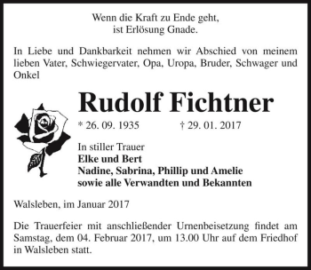 Traueranzeige von Rudolf Fichtner  von Magdeburger Volksstimme