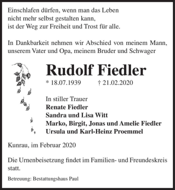 Traueranzeige von Rudolf Fiedler  von Magdeburger Volksstimme
