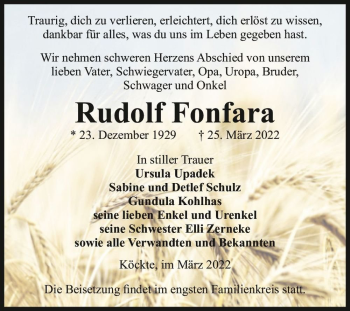 Traueranzeige von Rudolf Fonfara  von Magdeburger Volksstimme