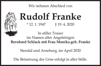 Traueranzeige von Rudolf Franke  von Magdeburger Volksstimme