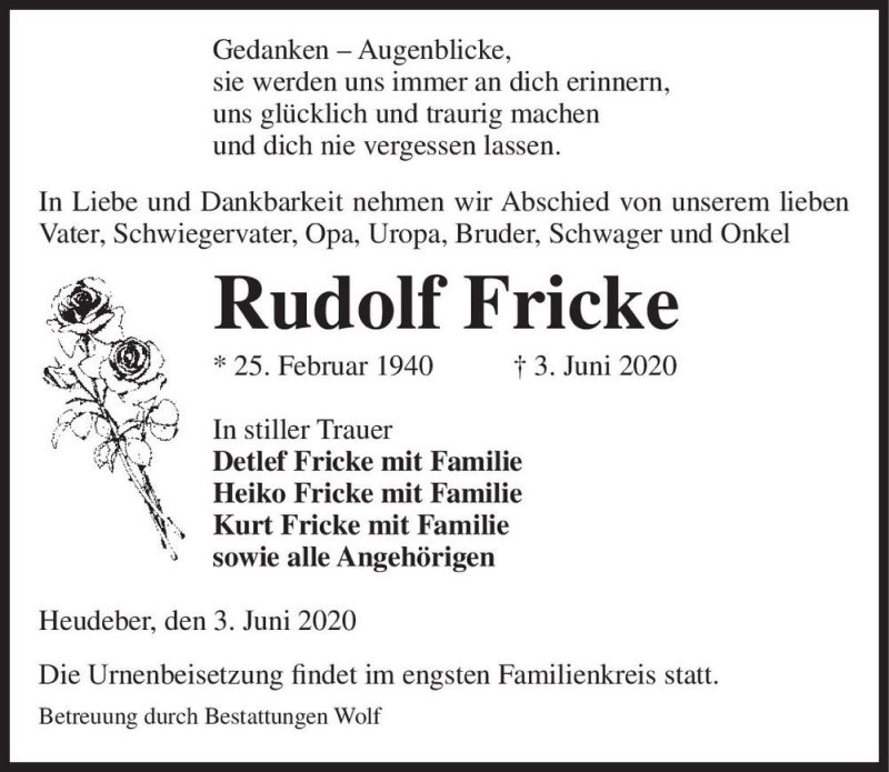  Traueranzeige für Rudolf Fricke  vom 13.06.2020 aus Magdeburger Volksstimme
