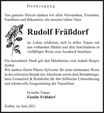 Traueranzeige von Rudolf Fräßdorf  von Magdeburger Volksstimme