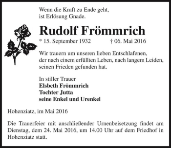 Traueranzeige von Rudolf Frömmrich  von Magdeburger Volksstimme
