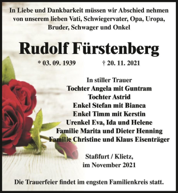 Traueranzeige von Rudolf Fürstenberg  von Magdeburger Volksstimme