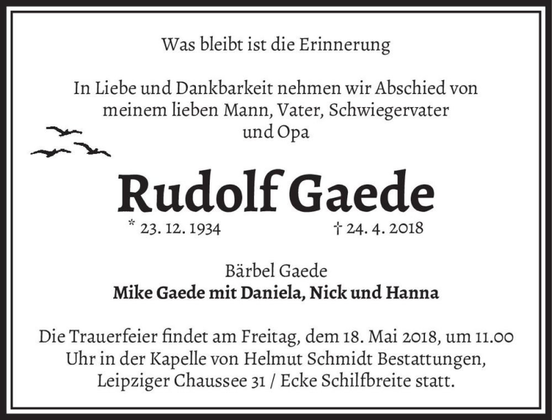  Traueranzeige für Rudolf Gaede  vom 05.05.2018 aus Magdeburger Volksstimme